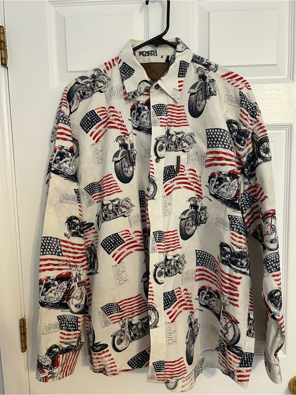 Clearwater Outfitters Vintage AOP American Flag & Motorcycle Button-Up Shirt
